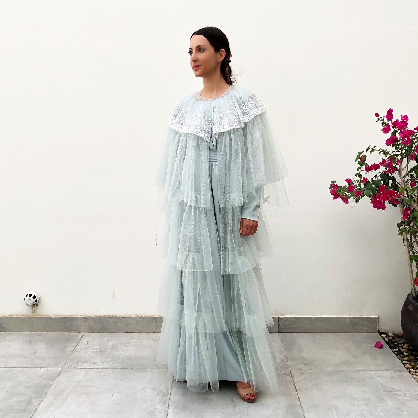 RAM19 AMNA PALE BLUE TULLE LAYERED ABAYA WITH SEQUINS
