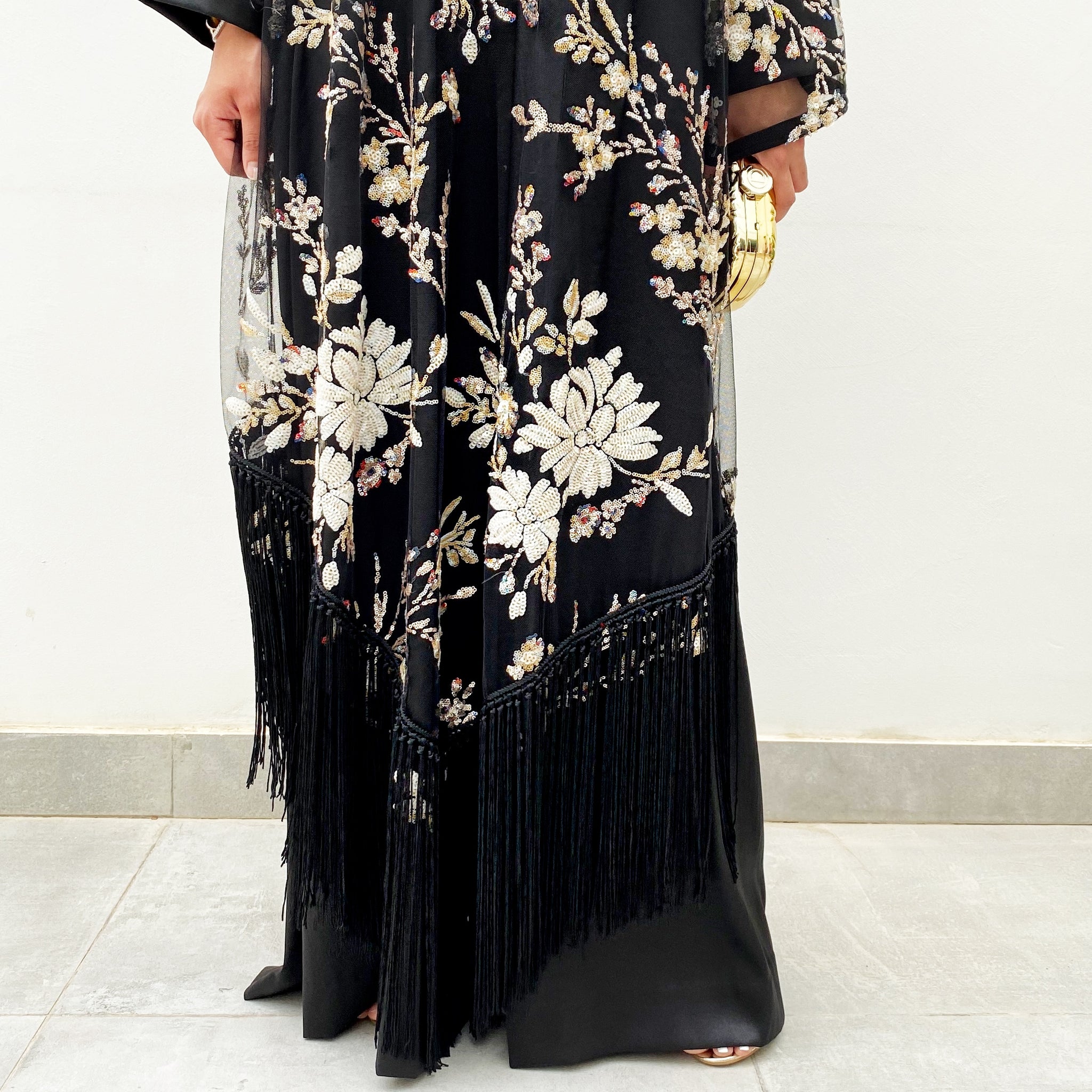 RAM20 BLACK TULLE TUNIC WITH FLORAL SEQUINS & SATIN JUMPSUIT