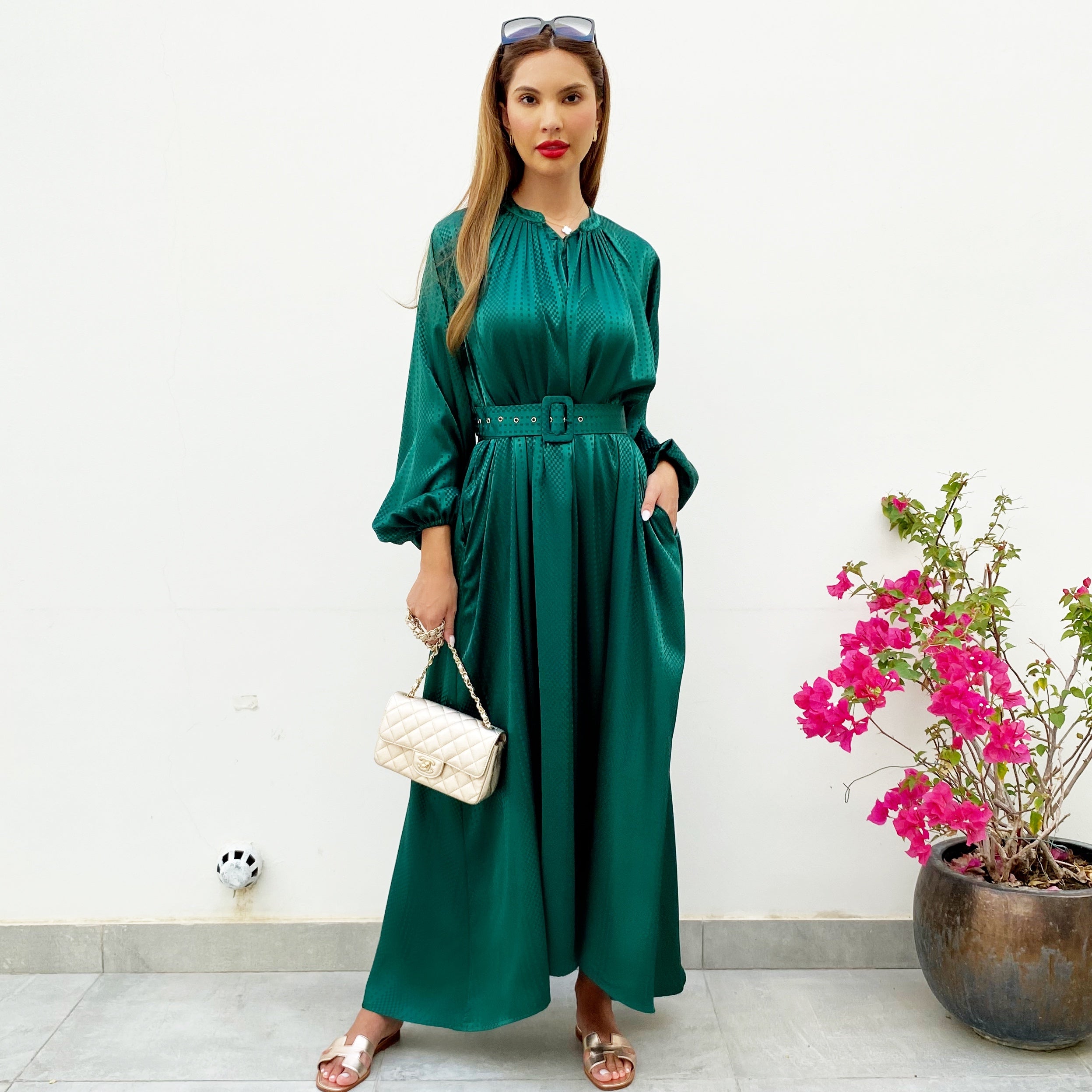 LINA EMERALD GREEN KAFTAN BELTED MAXI DRESS