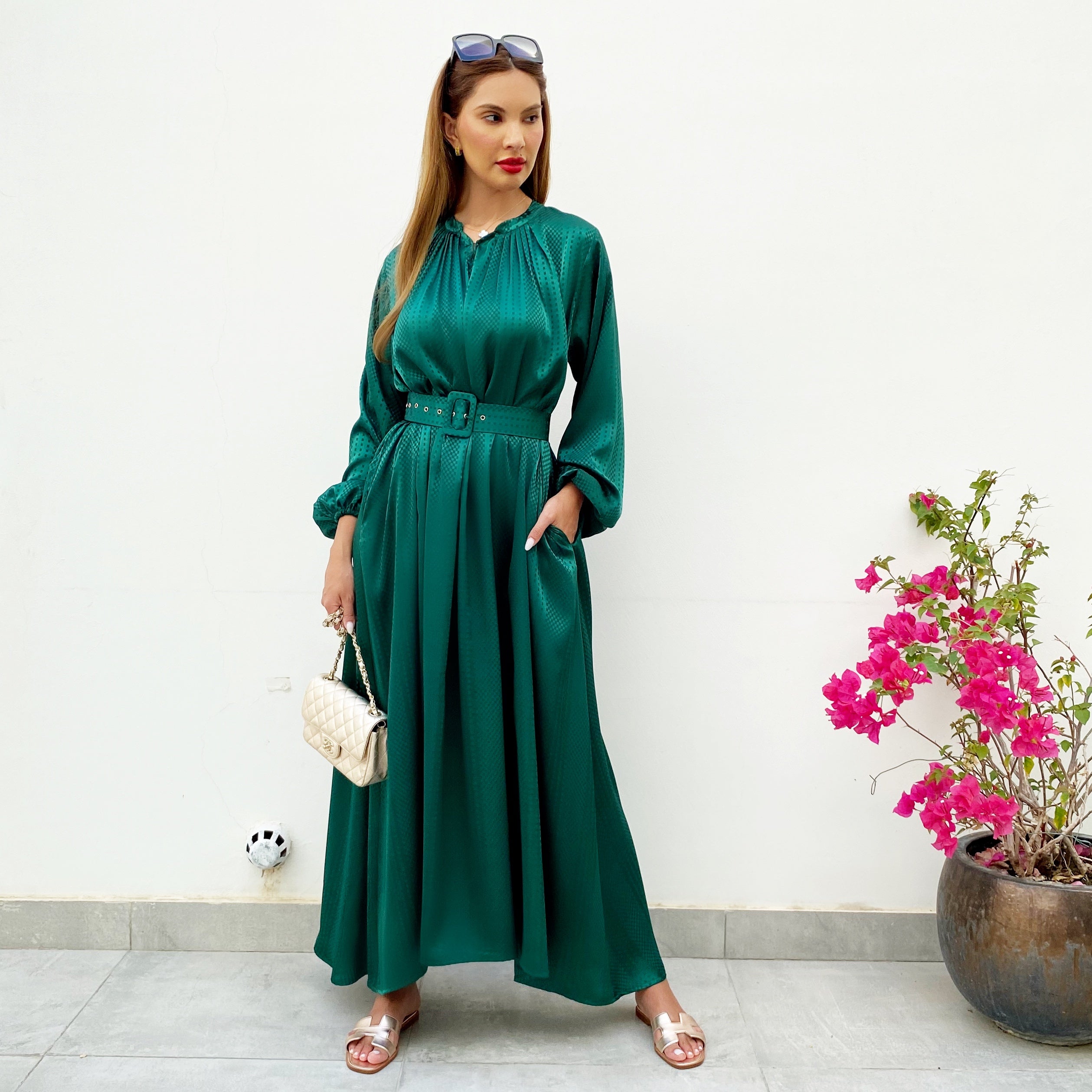 LINA EMERALD GREEN KAFTAN BELTED MAXI DRESS