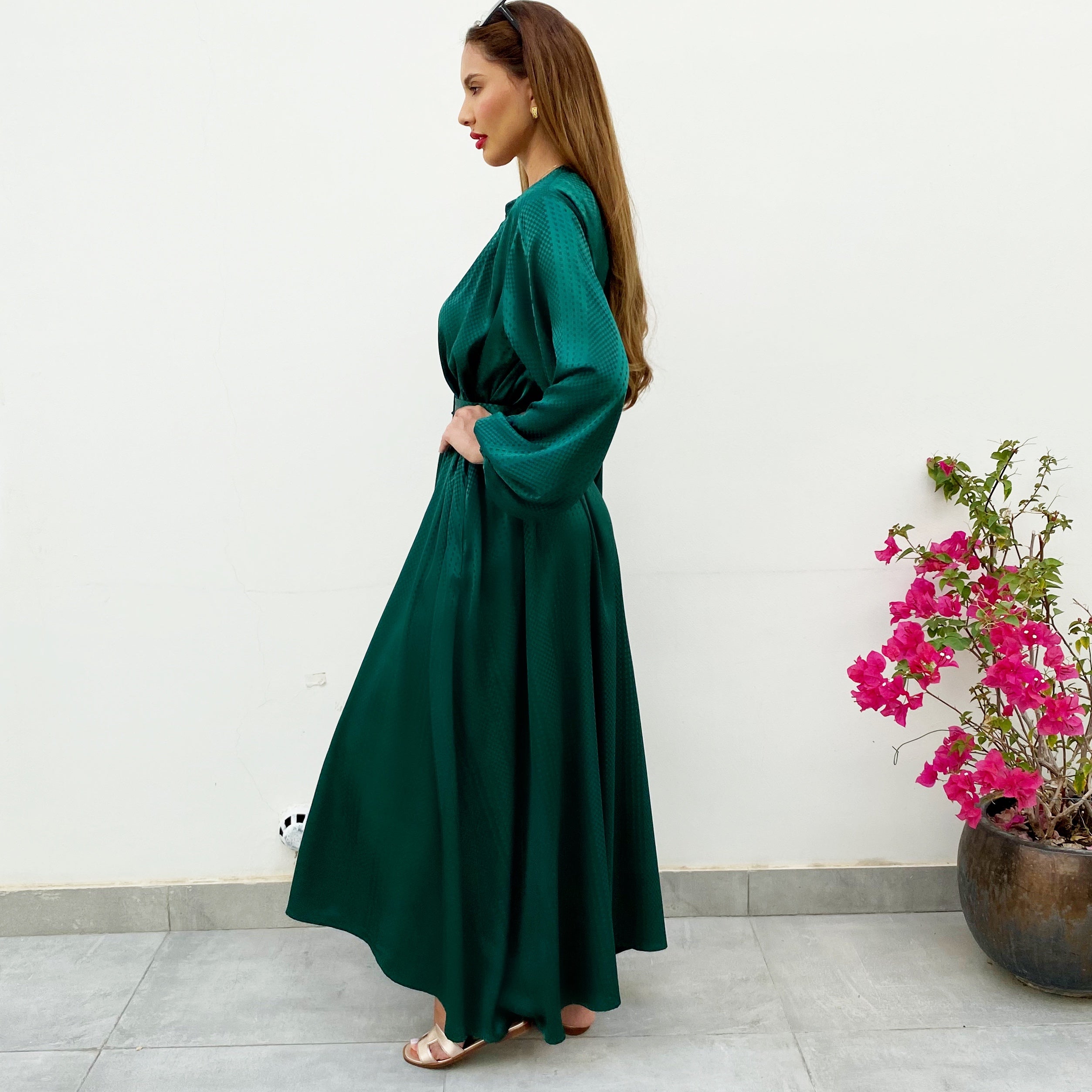 LINA EMERALD GREEN KAFTAN BELTED MAXI DRESS