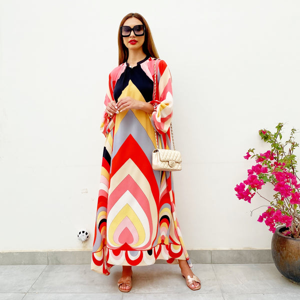 RAM21 RED LINA 70s PRINT KAFTAN DRESS