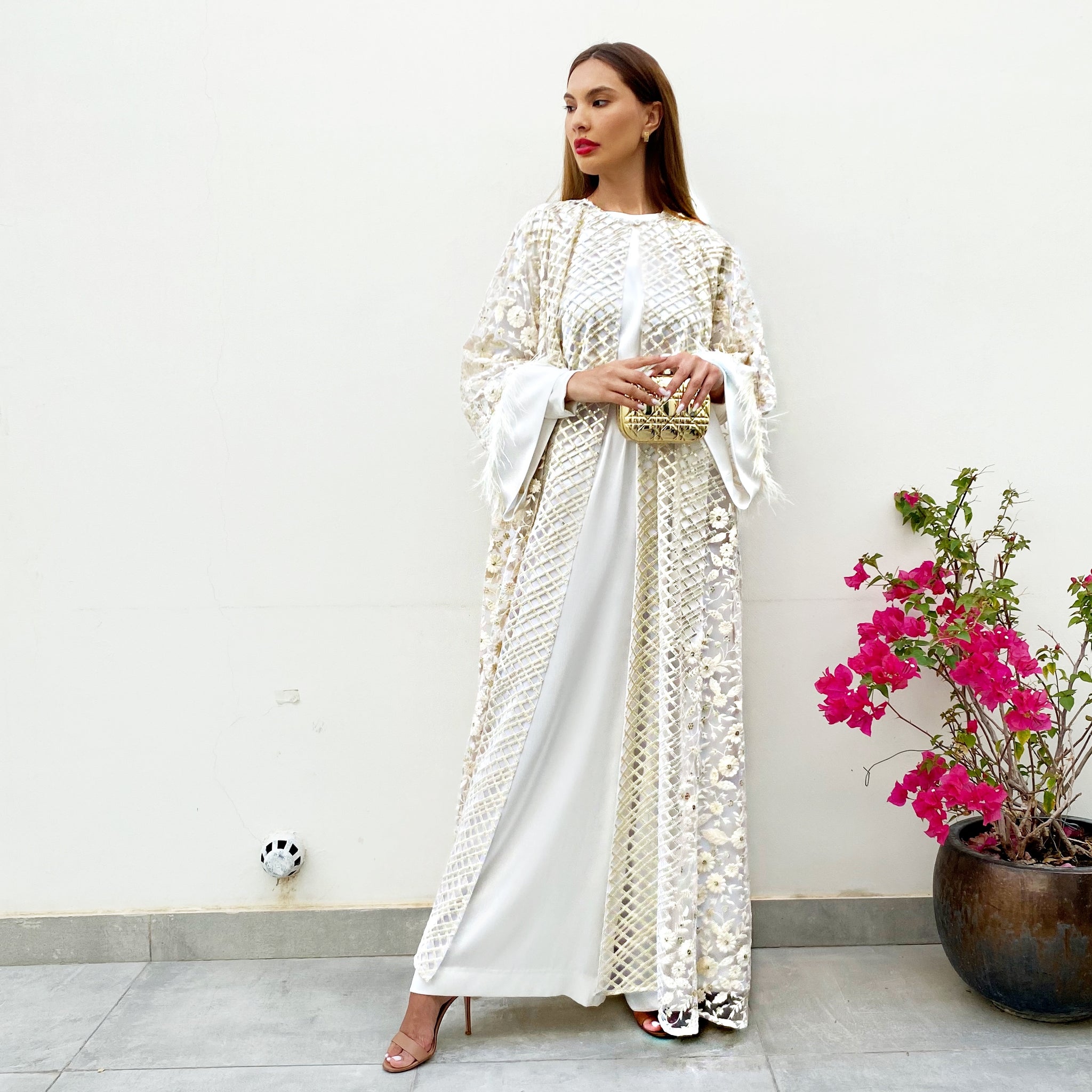 RAM21 CREAM TULLE SEQUINS & EMROIDERED ABAYA SET