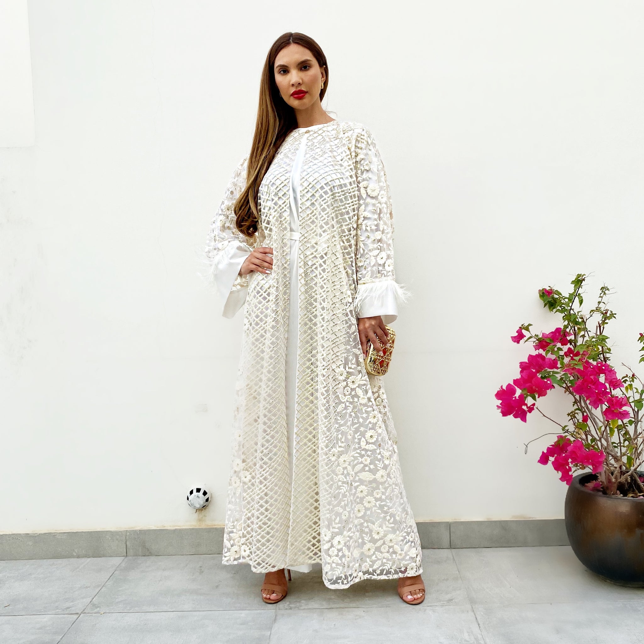 RAM21 CREAM TULLE SEQUINS & EMROIDERED ABAYA SET