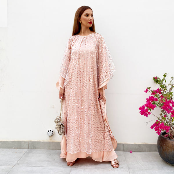 RAM21  SAMEERA PALE PEACH TULLE & SEQUINS KAFTAN