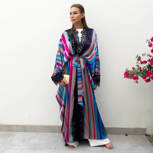 RAM19  Striped Silk Mix Caftan Abaya with French Lace