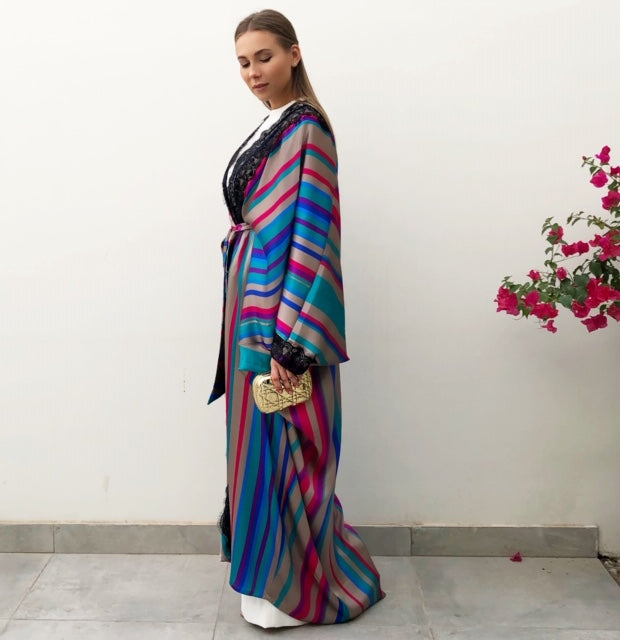 RAM19  Striped Silk Mix Caftan Abaya with French Lace