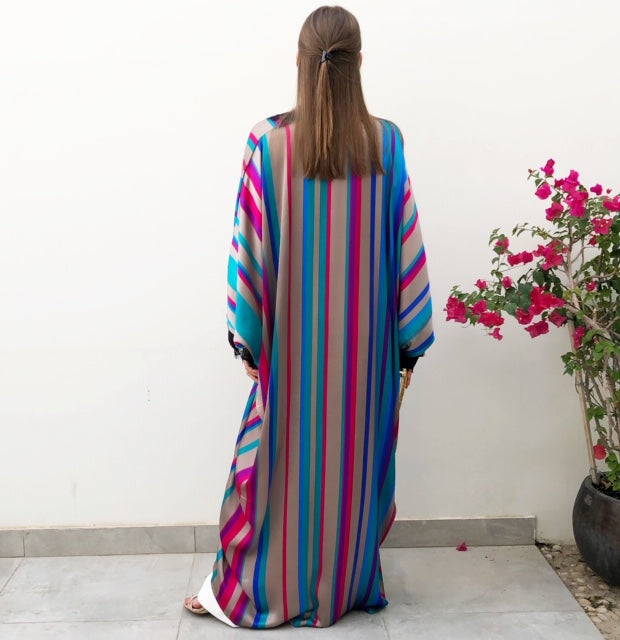 RAM19  Striped Silk Mix Caftan Abaya with French Lace