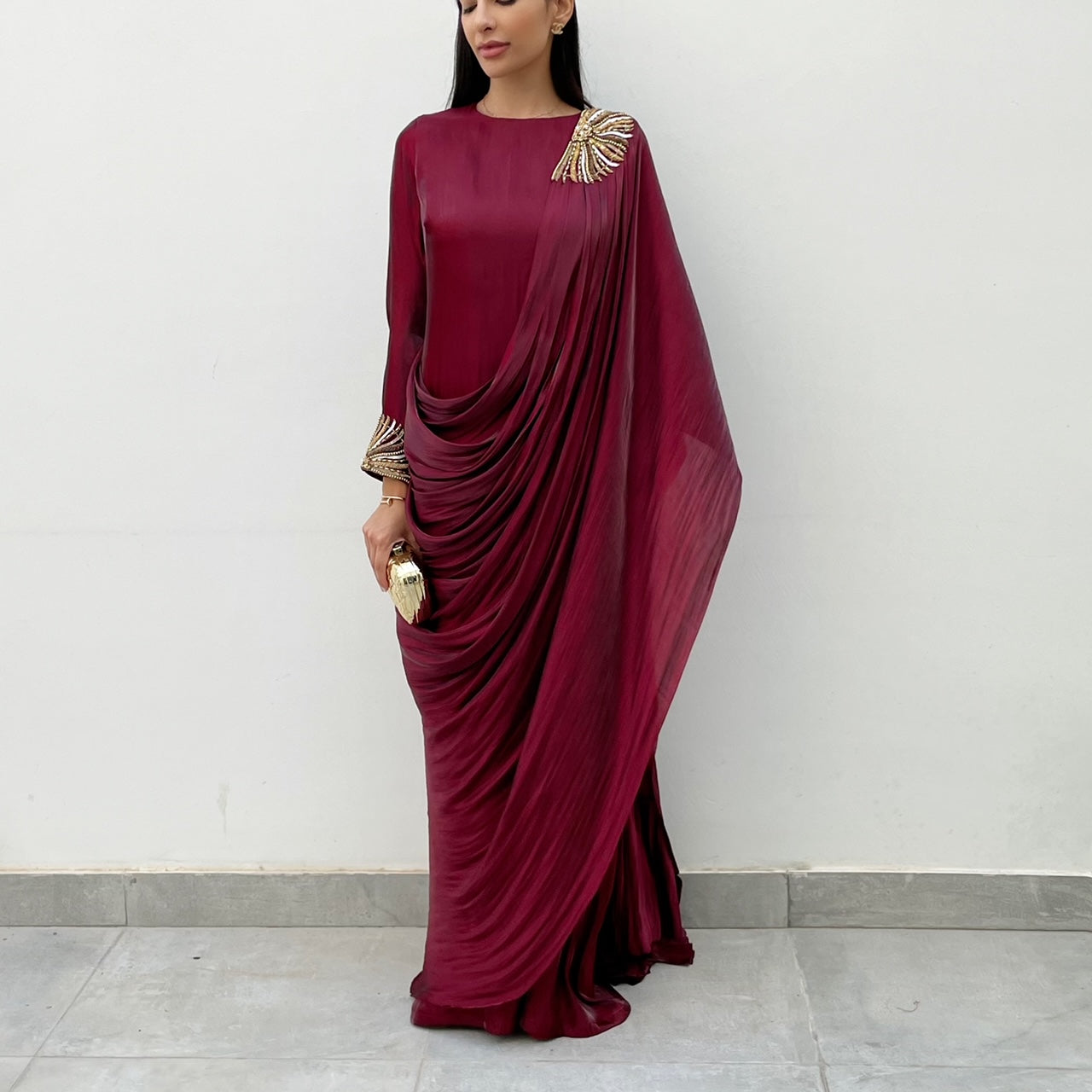 RAM21 MAROON SARI DRAPE KAFTAN