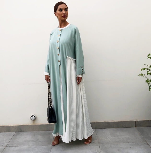 AW19 TIFFANY BLUE ABAYA WITH WHITE PLEATS