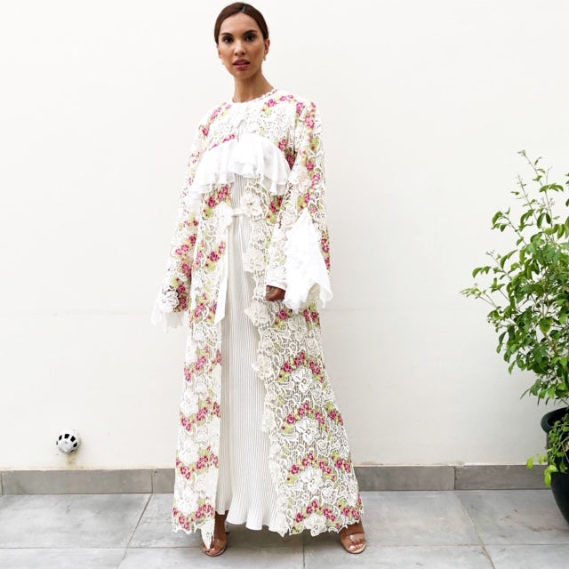 AW19 STUNNING ITALIAN LACE  ABAYA WITH RUFFLES