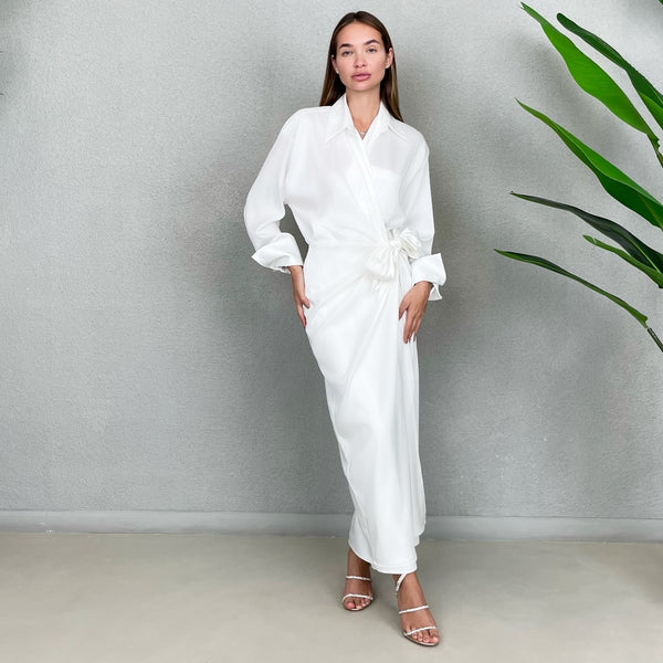 RAM23 NAOMI WHITE SHIRT WRAP SATIN DRESS