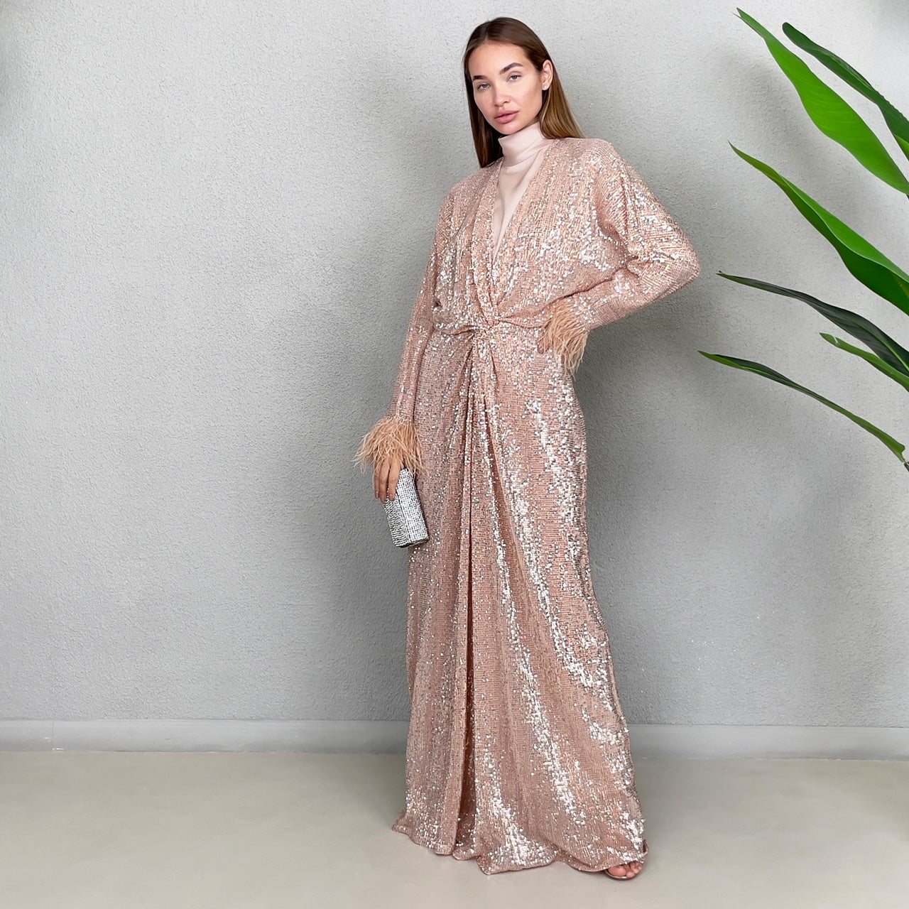 RAM22 ROSE GOLD SEQUINS KNOT FRONT DRESS