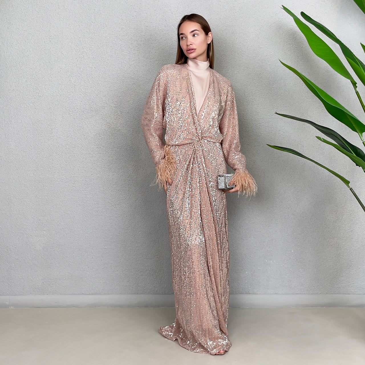 RAM22 ROSE GOLD SEQUINS KNOT FRONT DRESS