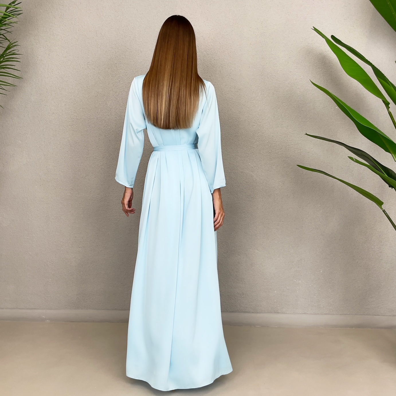 RAM23 TESSA BABY BLUE SATIN HIGH NECK DRESS