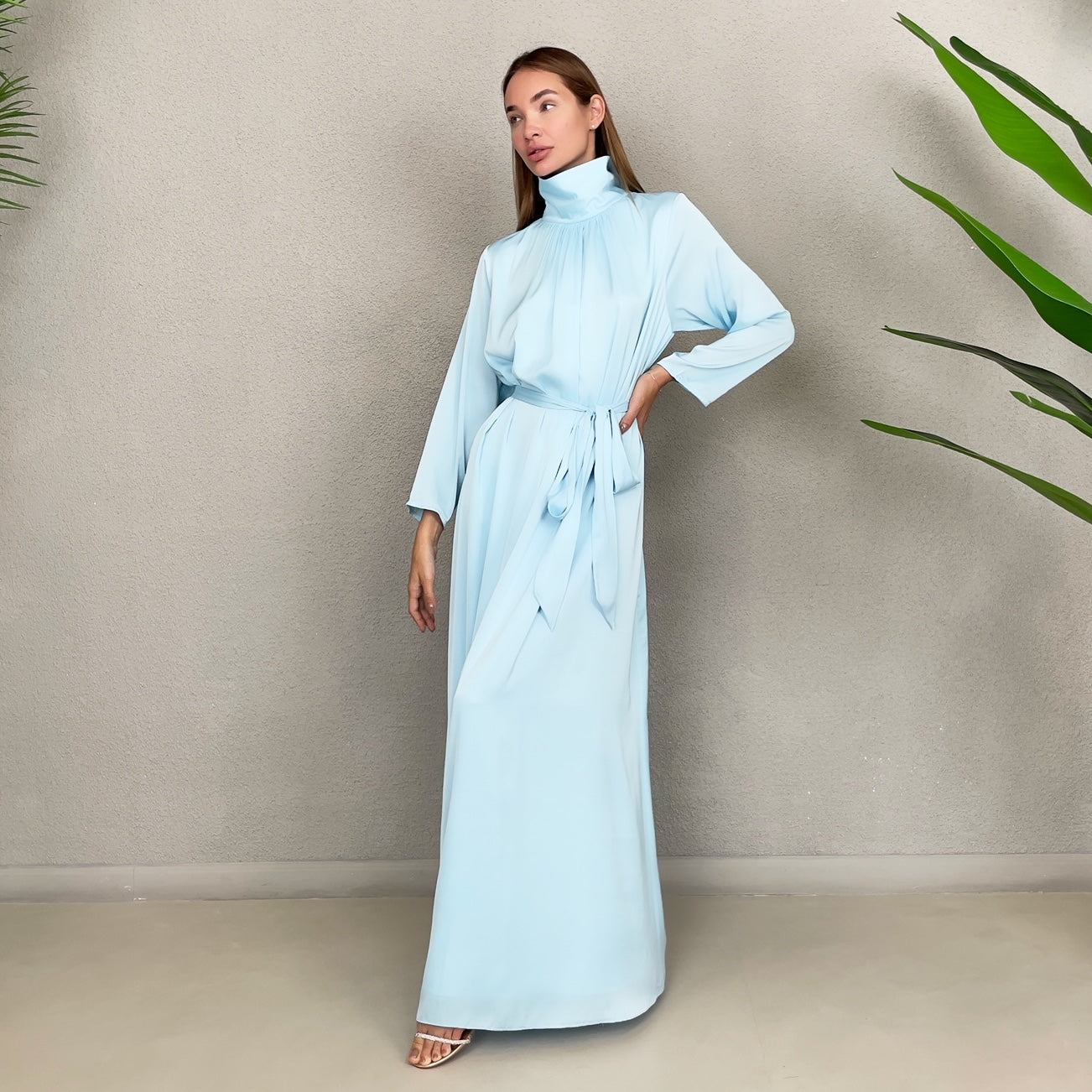 RAM23 TESSA BABY BLUE SATIN HIGH NECK DRESS