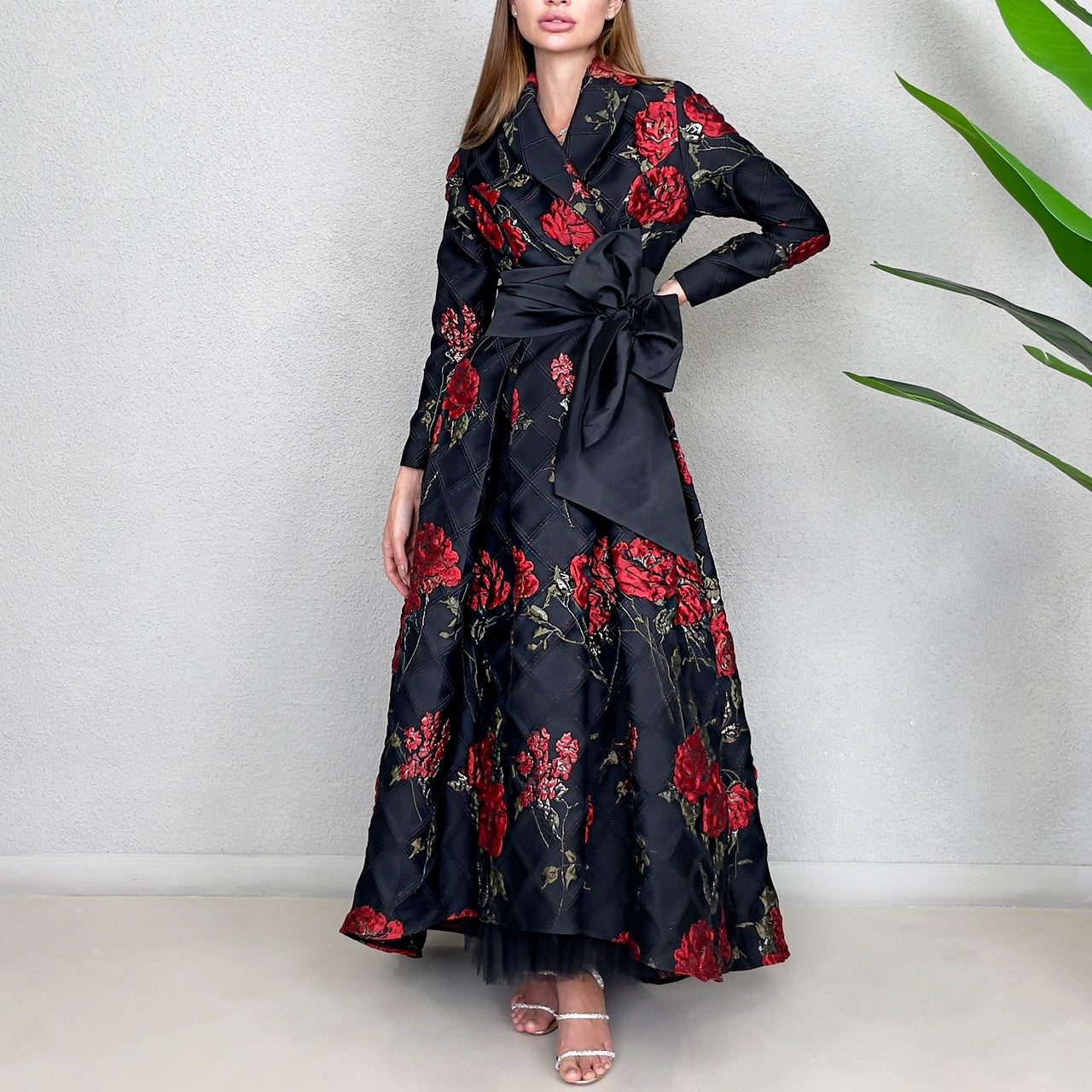 RAM23 MARIE RED ROSES BROCADE DRESS