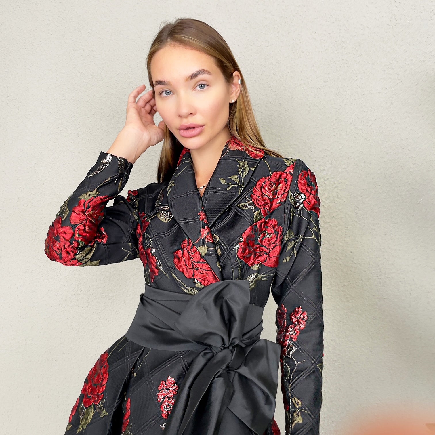 RAM23 MARIE RED ROSES BROCADE DRESS