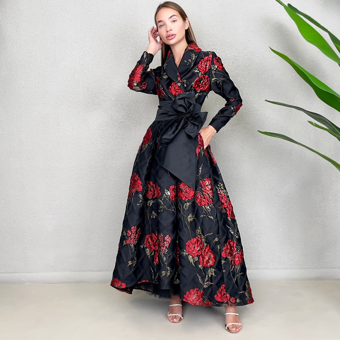 RAM23 MARIE RED ROSES BROCADE DRESS