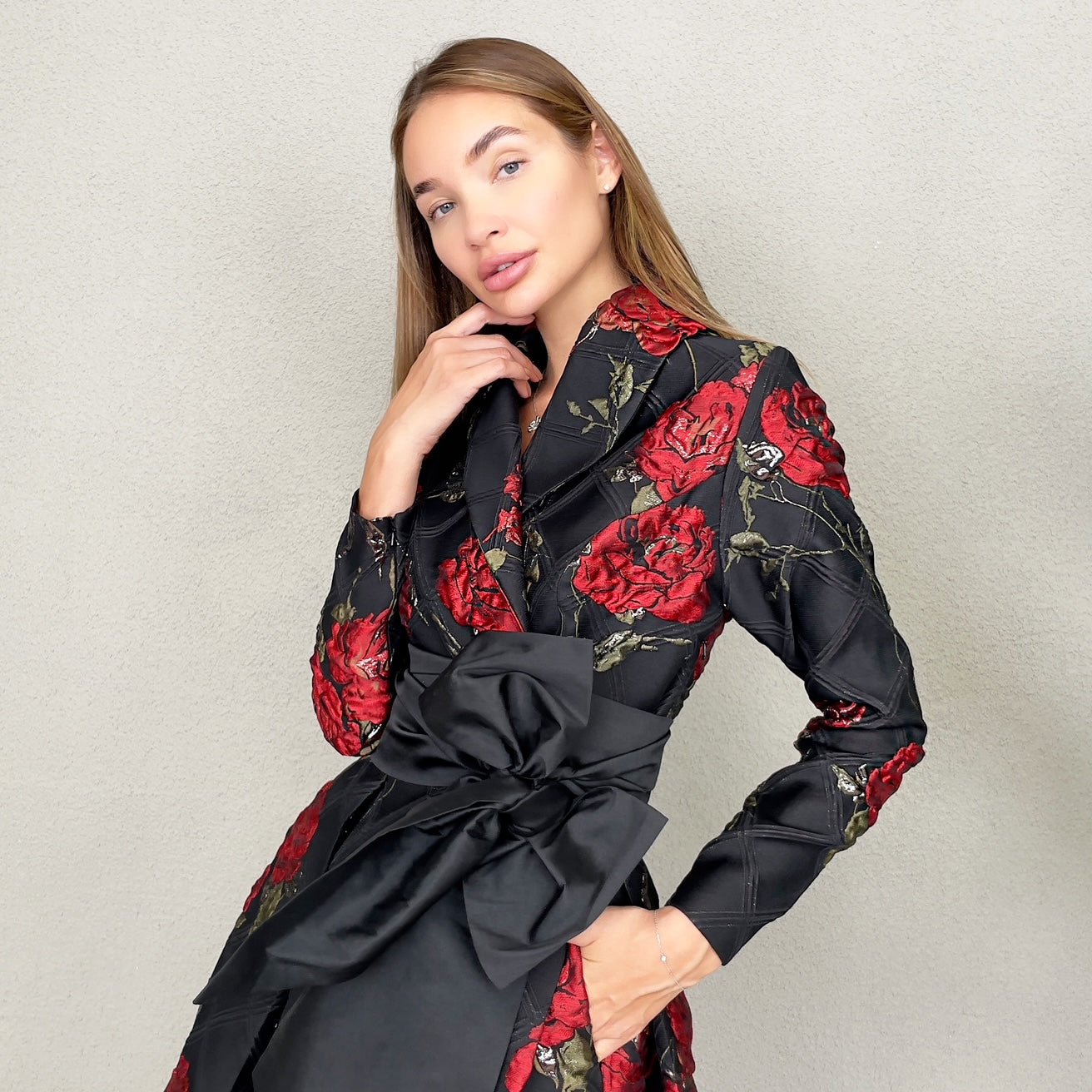 RAM23 MARIE RED ROSES BROCADE DRESS