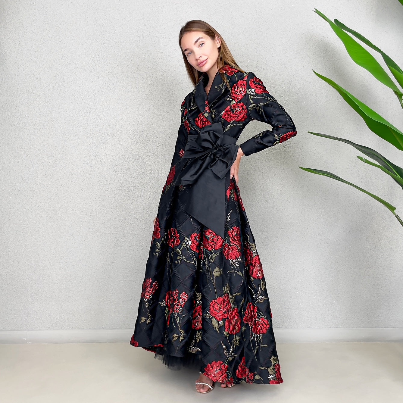 RAM23 MARIE RED ROSES BROCADE DRESS