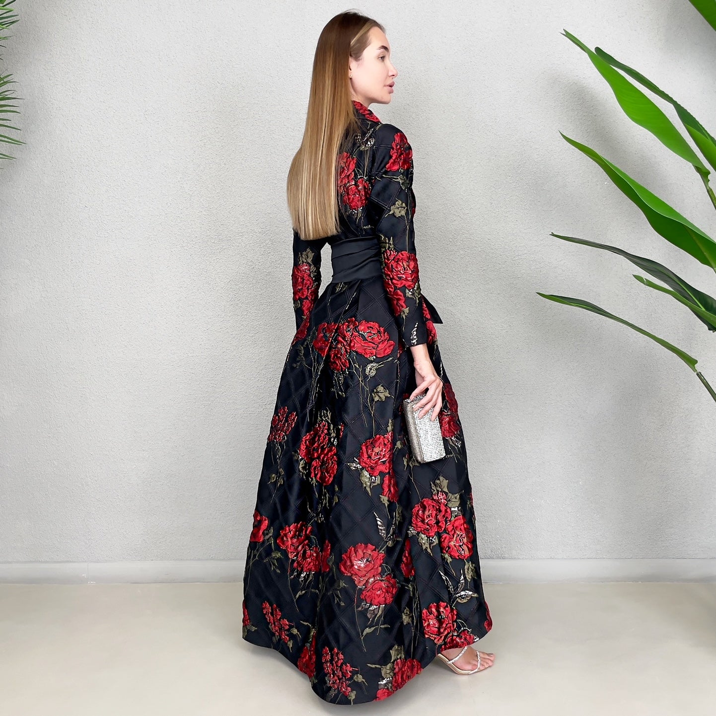 RAM23 MARIE RED ROSES BROCADE DRESS