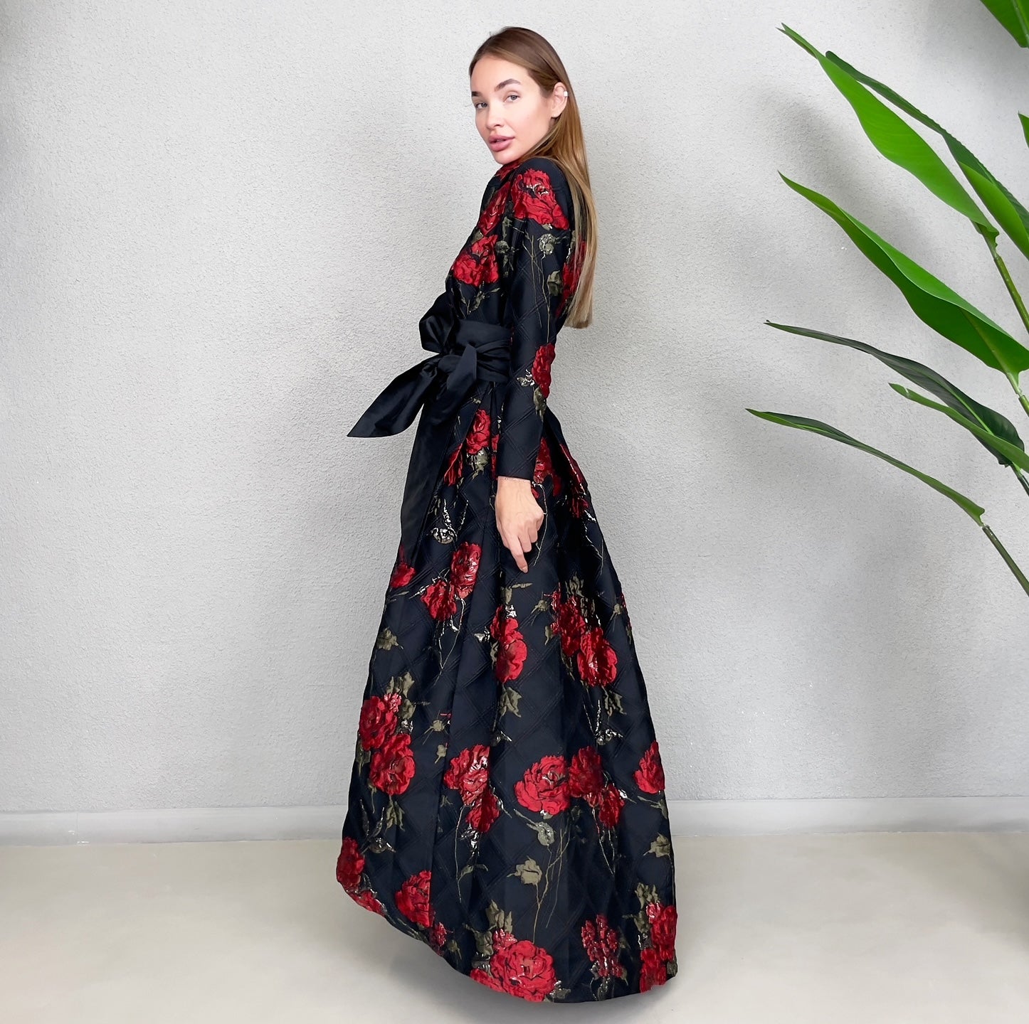 RAM23 MARIE RED ROSES BROCADE DRESS