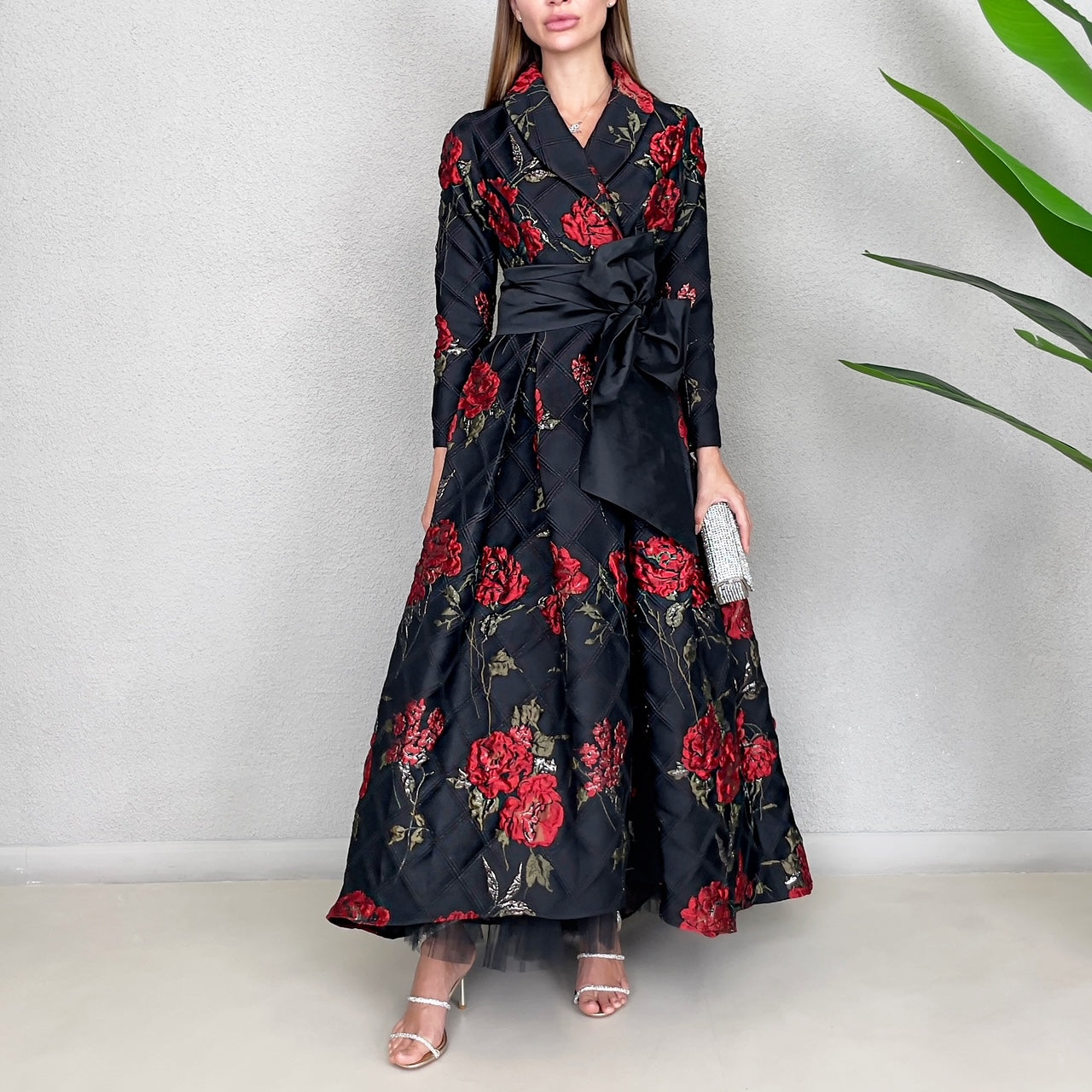 RAM23 MARIE RED ROSES BROCADE DRESS