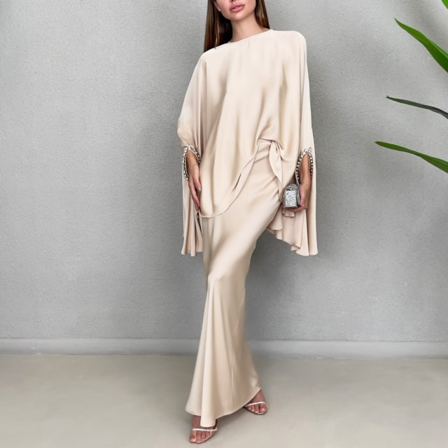 RAM23 KAMILLAH  BEIGE SILK SATIN FISHTAIL SKIRT SET