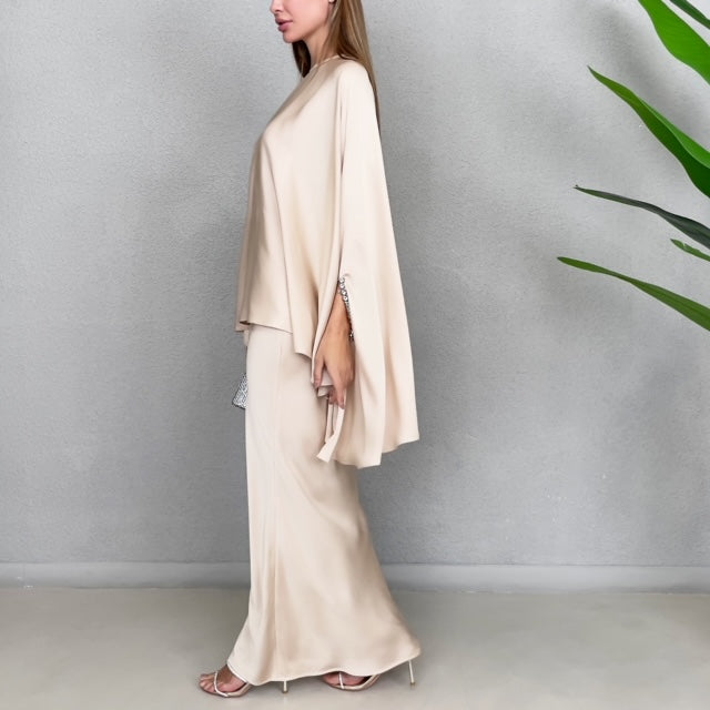 RAM23 KAMILLAH  BEIGE SILK SATIN FISHTAIL SKIRT SET