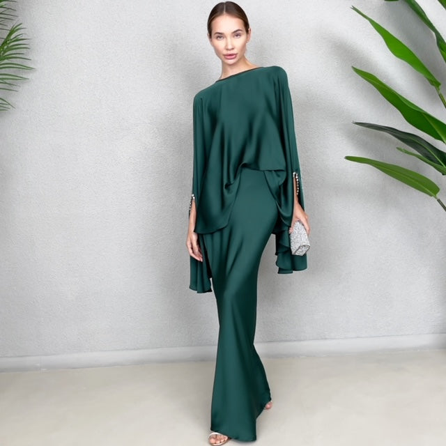 RAM23 KAMILLAH EMERALD SILK SATIN FISHTAIL SKIRT