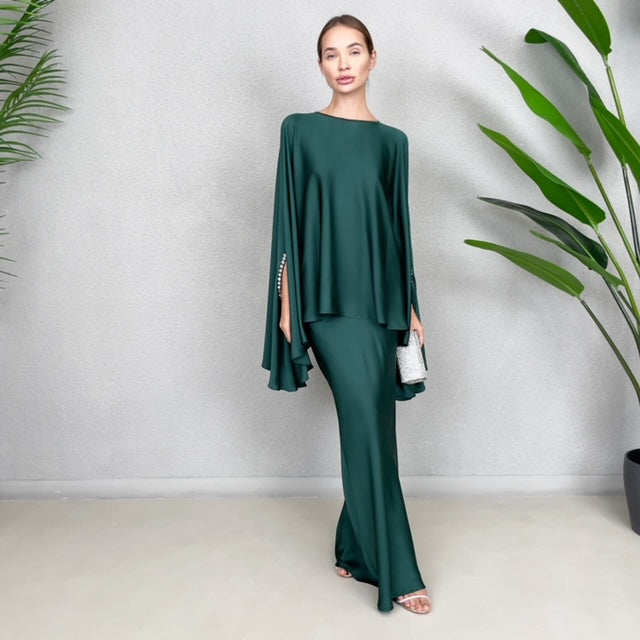 RAM23 KAMILLAH EMERALD SILK SATIN FISHTAIL SKIRT