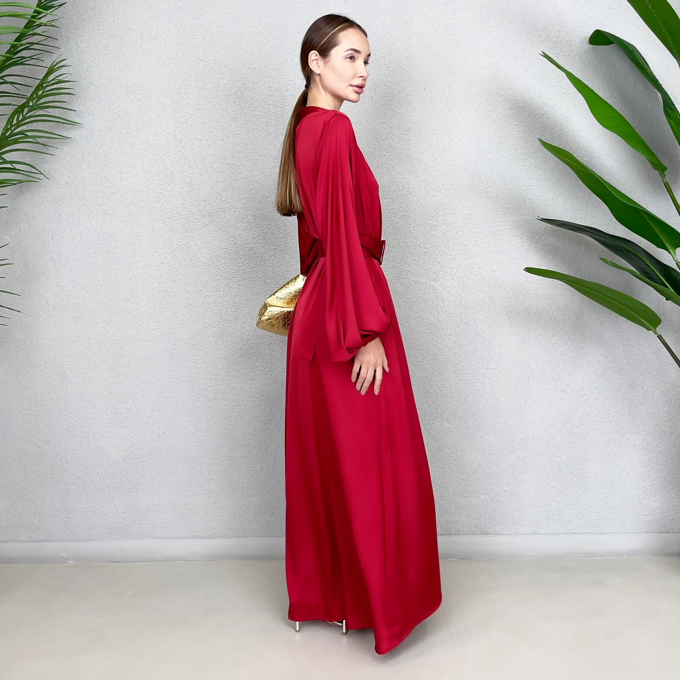 RAM23 LINA RED PEPPER KAFTAN BELTED MAXI DRESS