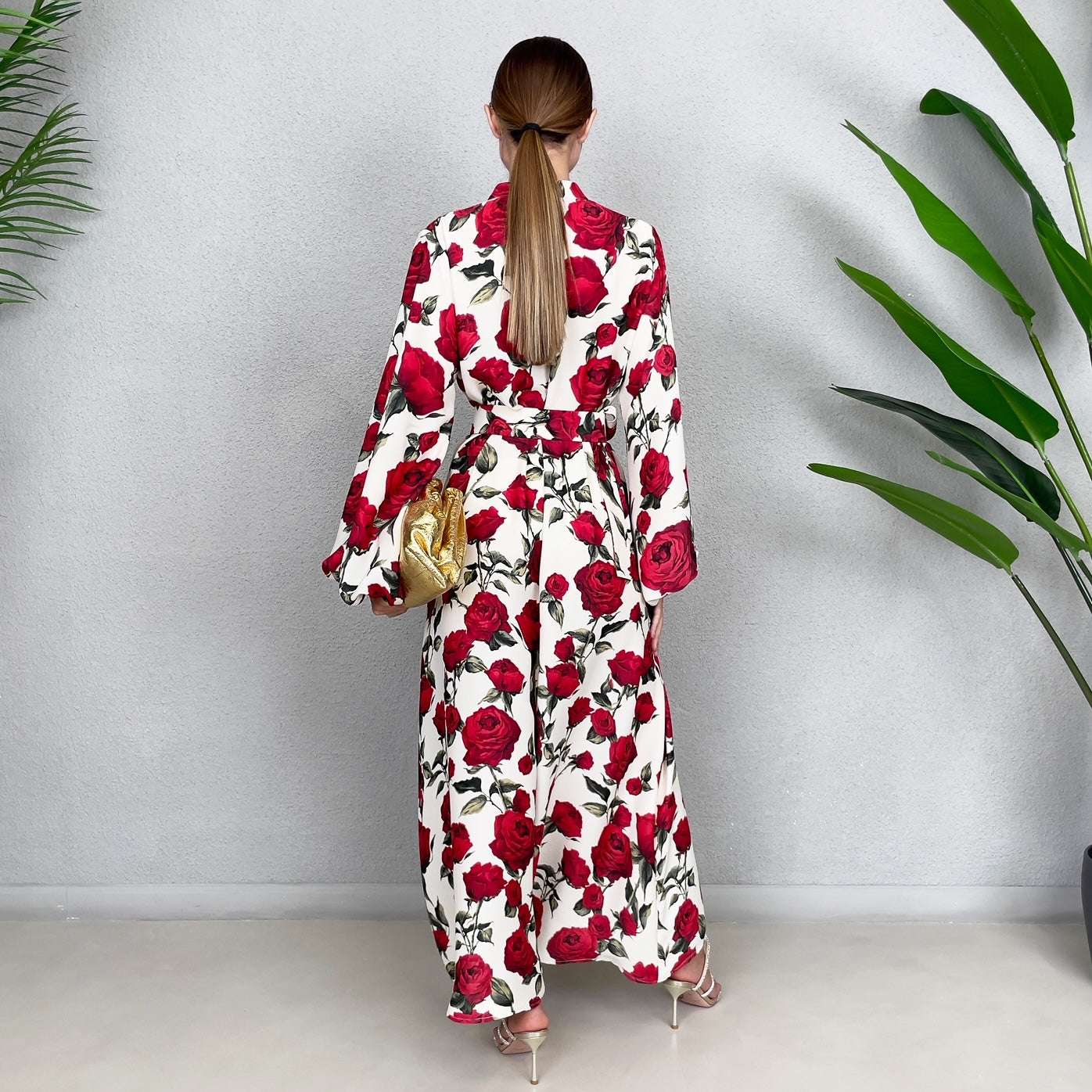 RAM23 LINA CREAM & RED  KAFTAN BELTED MAXI DRESS