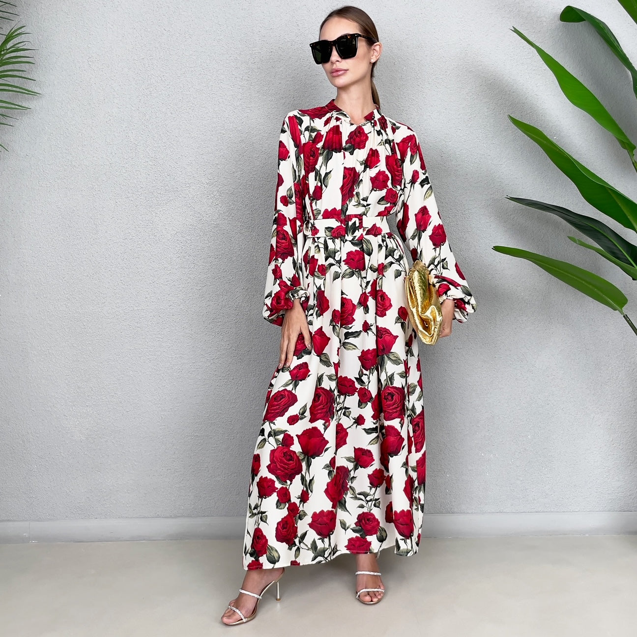 RAM23 LINA CREAM & RED  KAFTAN BELTED MAXI DRESS