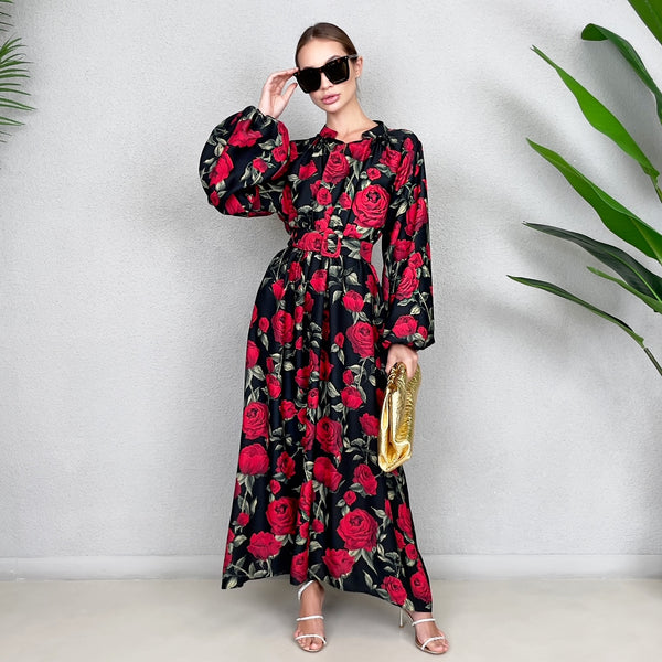 RAM23 LINA BLACK & RED KAFTAN BELTED MAXI DRESS