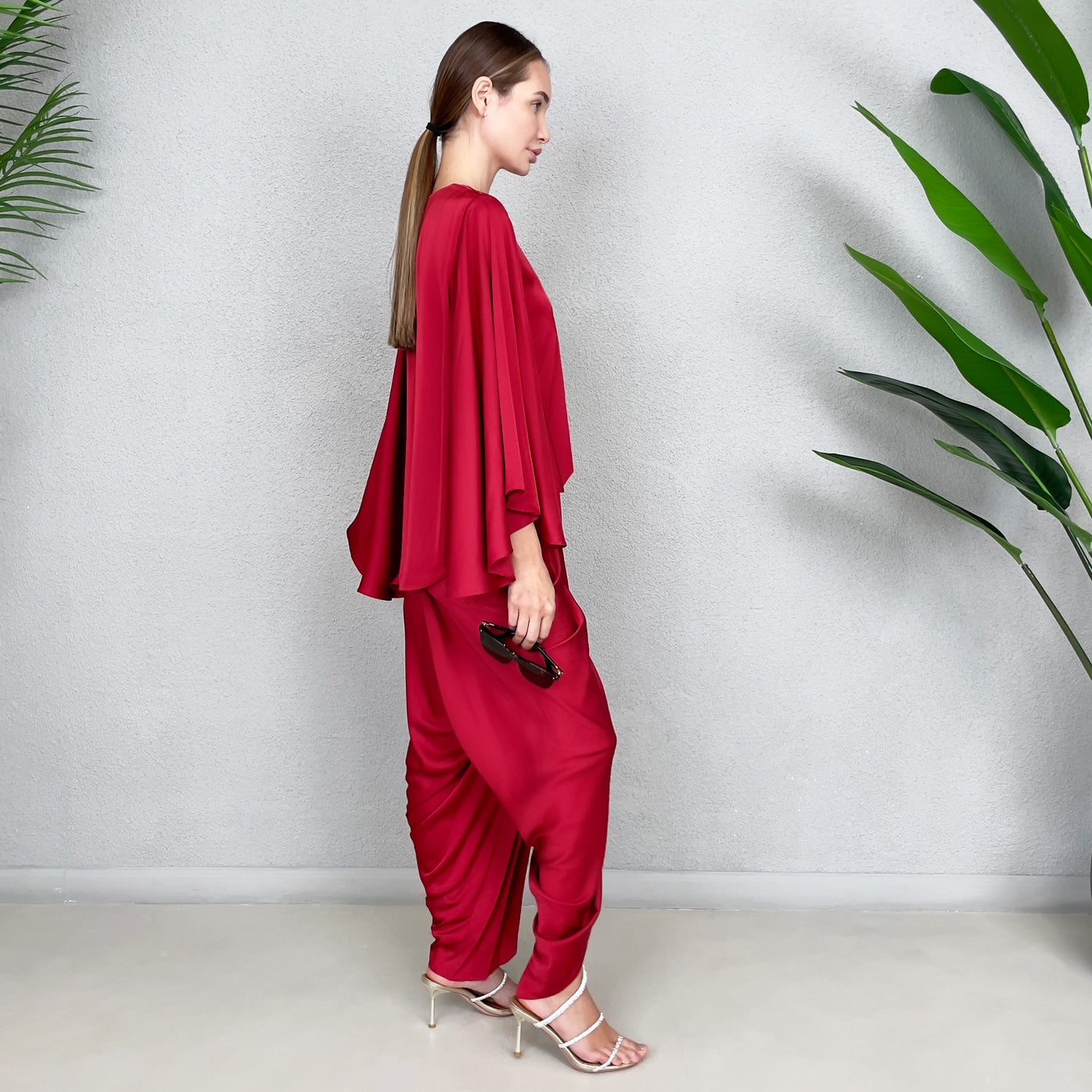 RAM23 HINDI RED PEPPER SILK SATIN DHOTI TROUSER SET