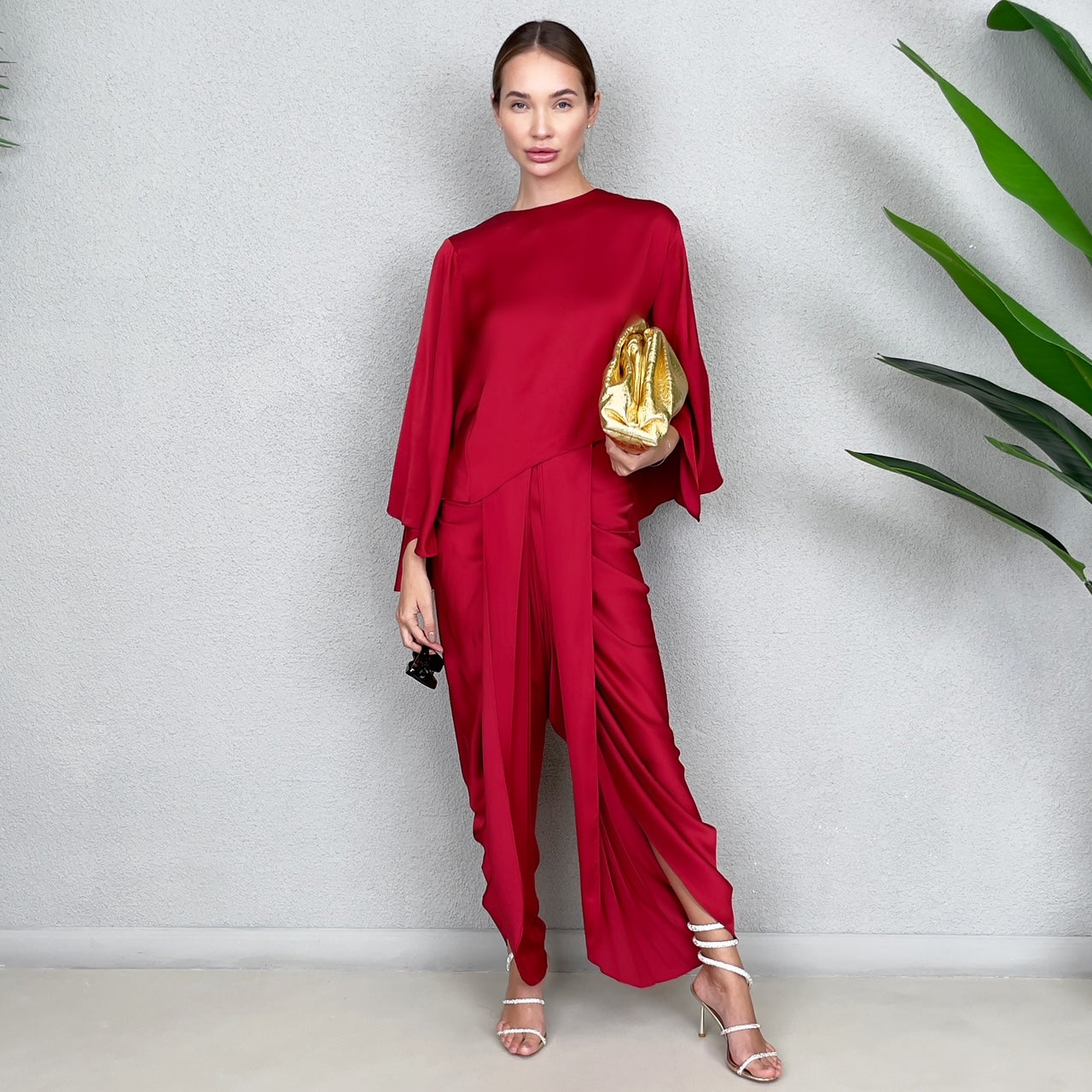 RAM23 HINDI RED PEPPER SILK SATIN DHOTI TROUSER SET