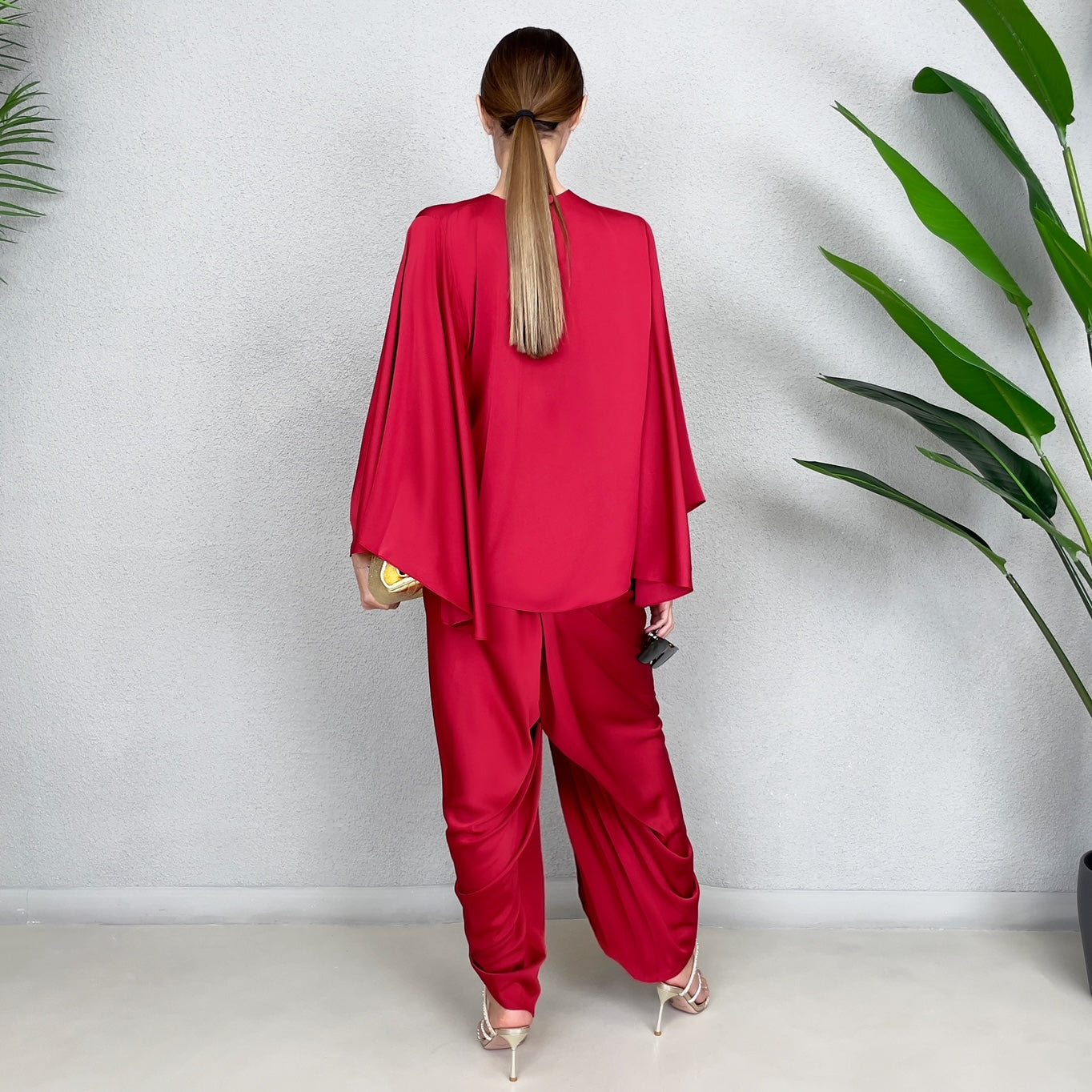 RAM23 HINDI RED PEPPER SILK SATIN DHOTI TROUSER SET