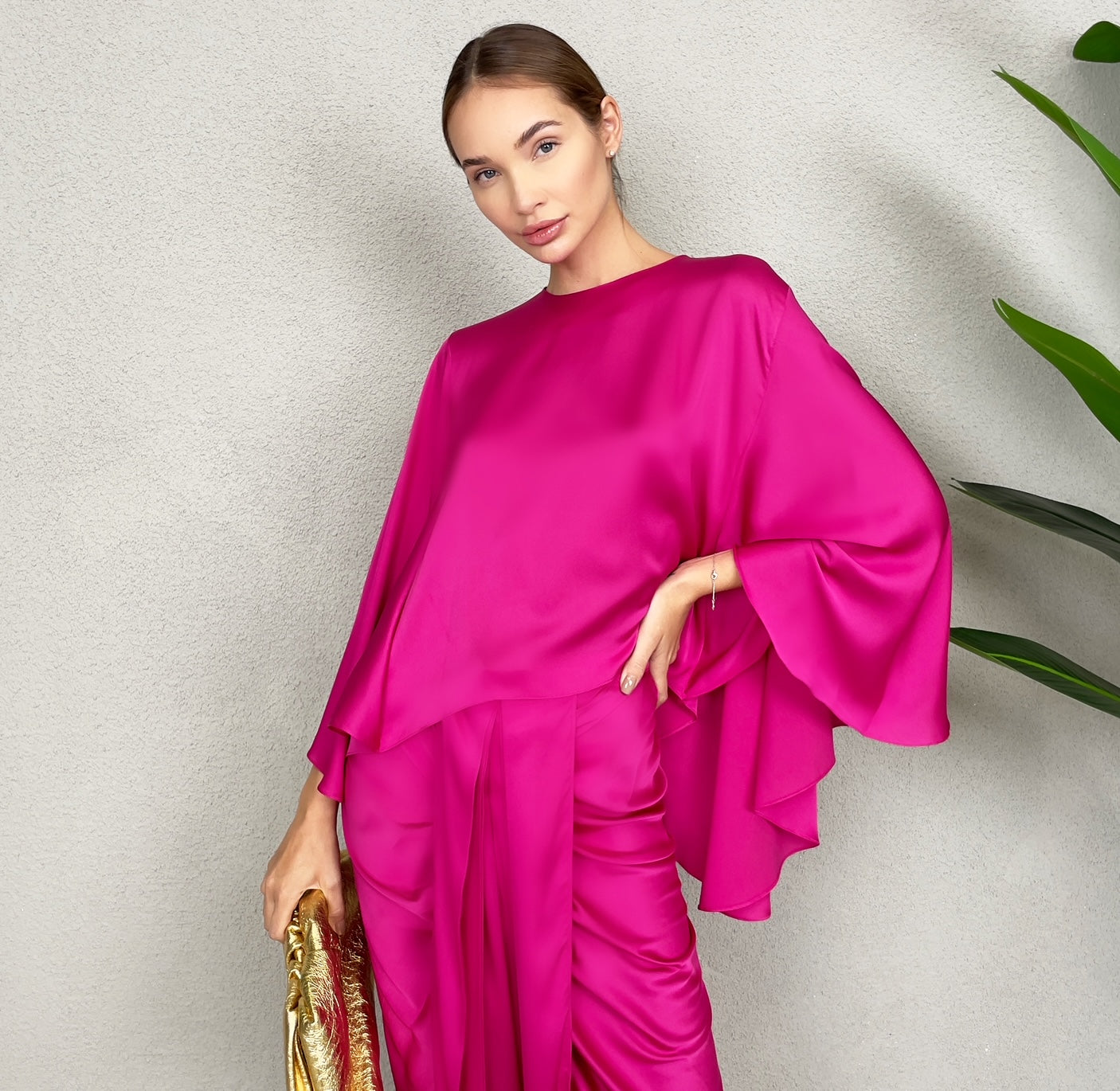 RAM23 HINDI HOT PINK SILK SATIN DHOTI TROUSER SET