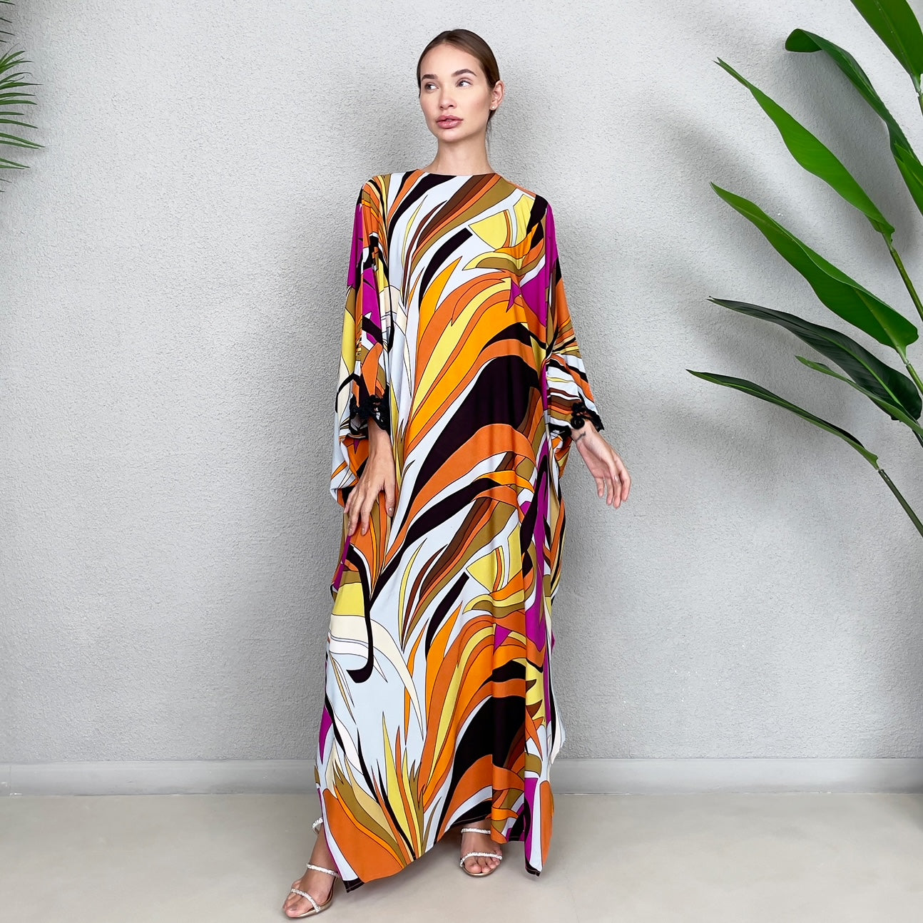RAM23 LOLA ORANGE 70S PRINT  CREPE KAFTAN