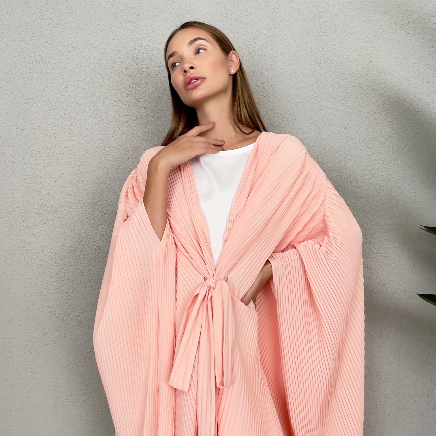 RAM23 PLEATED SALMON ABAYA WITH BELT