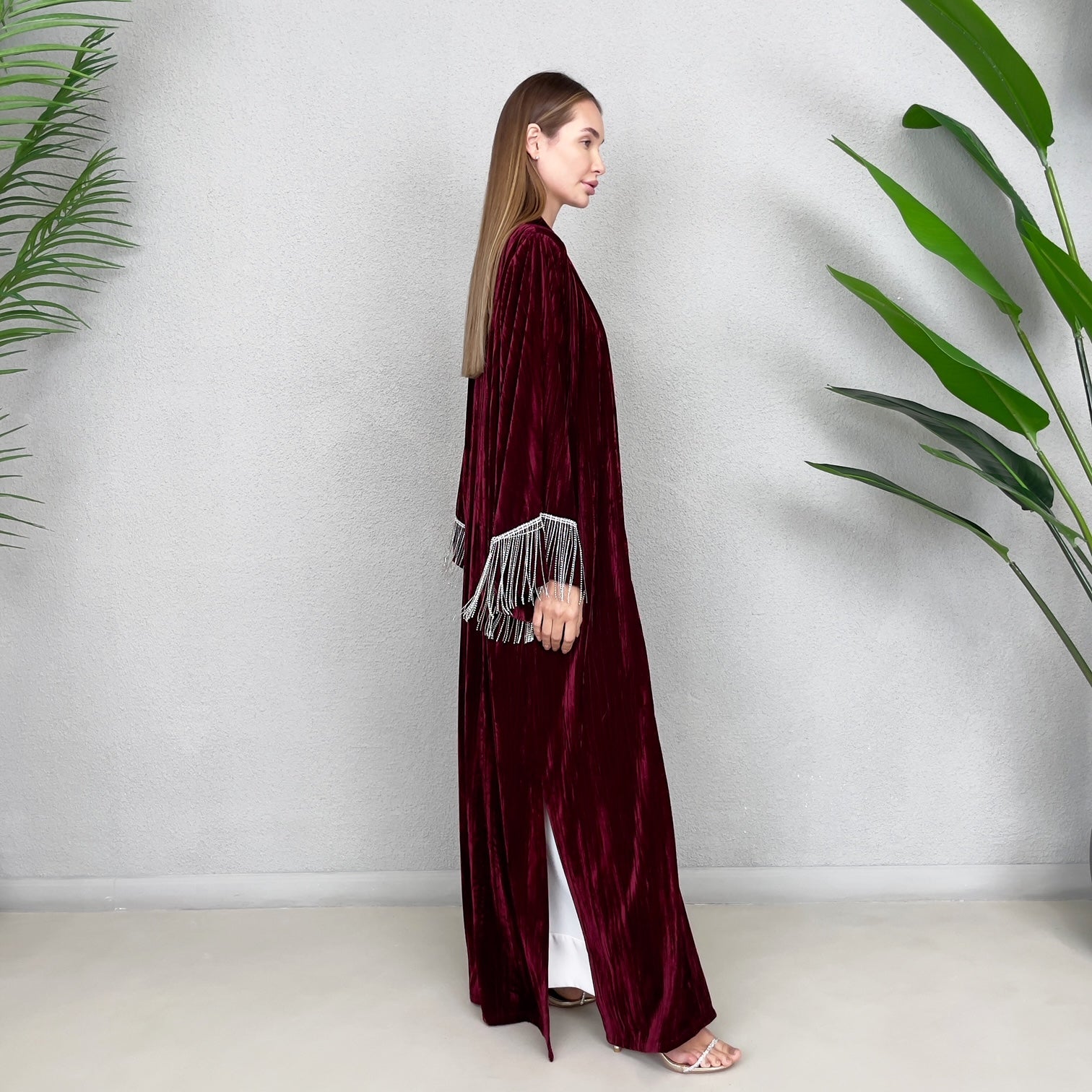 RAM23 BURGUNDY VELVET CRYSTAL FRINGE ABAYA