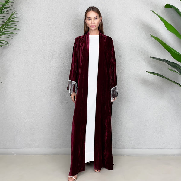 RAM23 BURGUNDY VELVET CRYSTAL FRINGE ABAYA