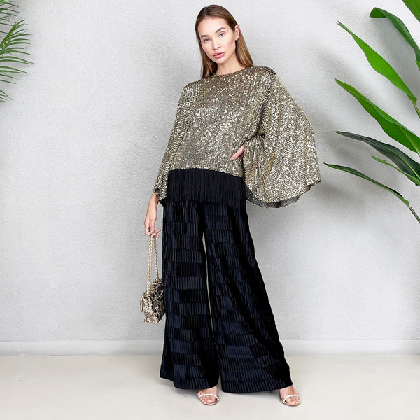RAM23 Gold Sequins Butterfly Blouse with Pleated Velvet Pants