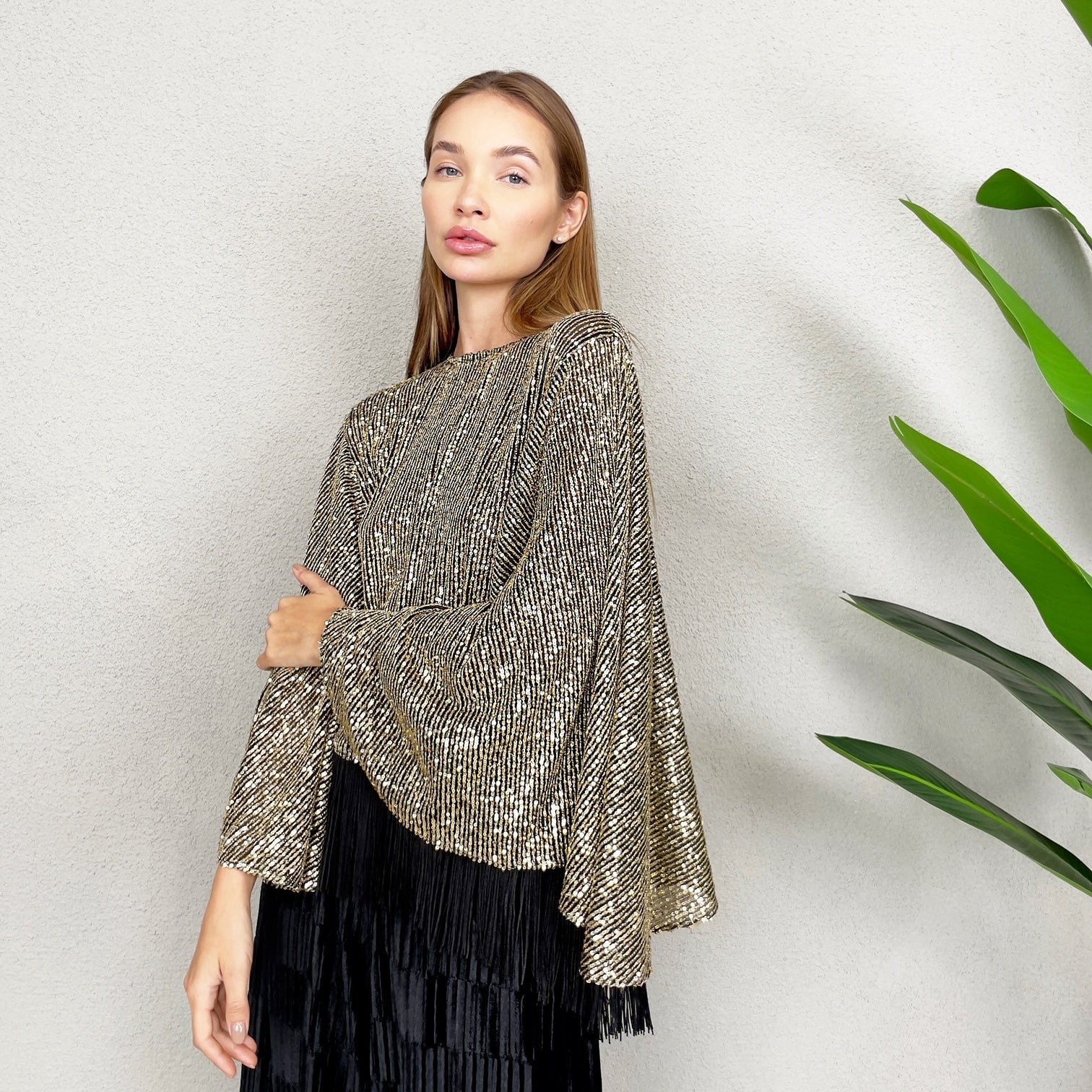RAM23 Gold Sequins Butterfly Blouse with Pleated Velvet Pants