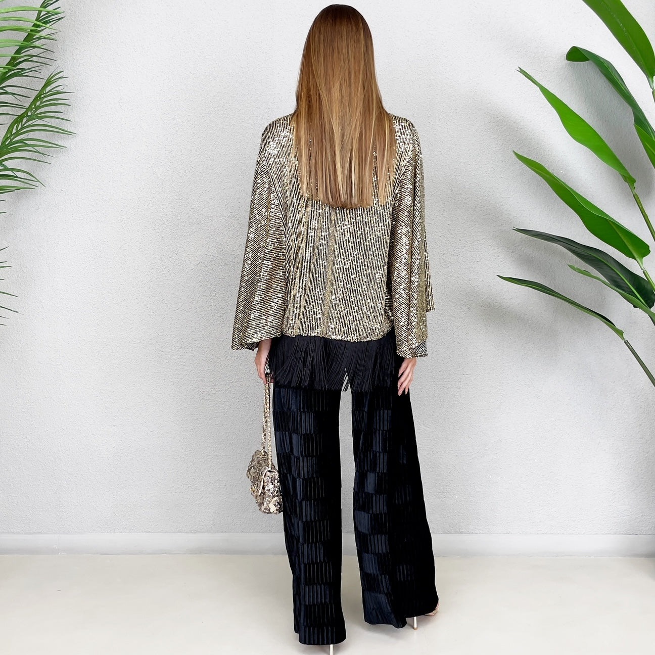 RAM23 Gold Sequins Butterfly Blouse with Pleated Velvet Pants