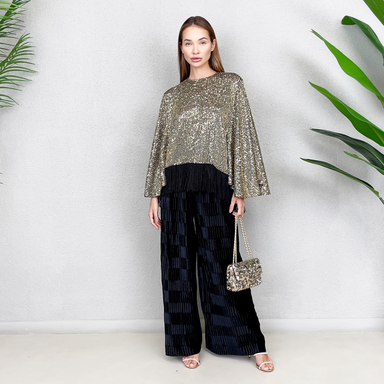 RAM23 Gold Sequins Butterfly Blouse with Pleated Velvet Pants