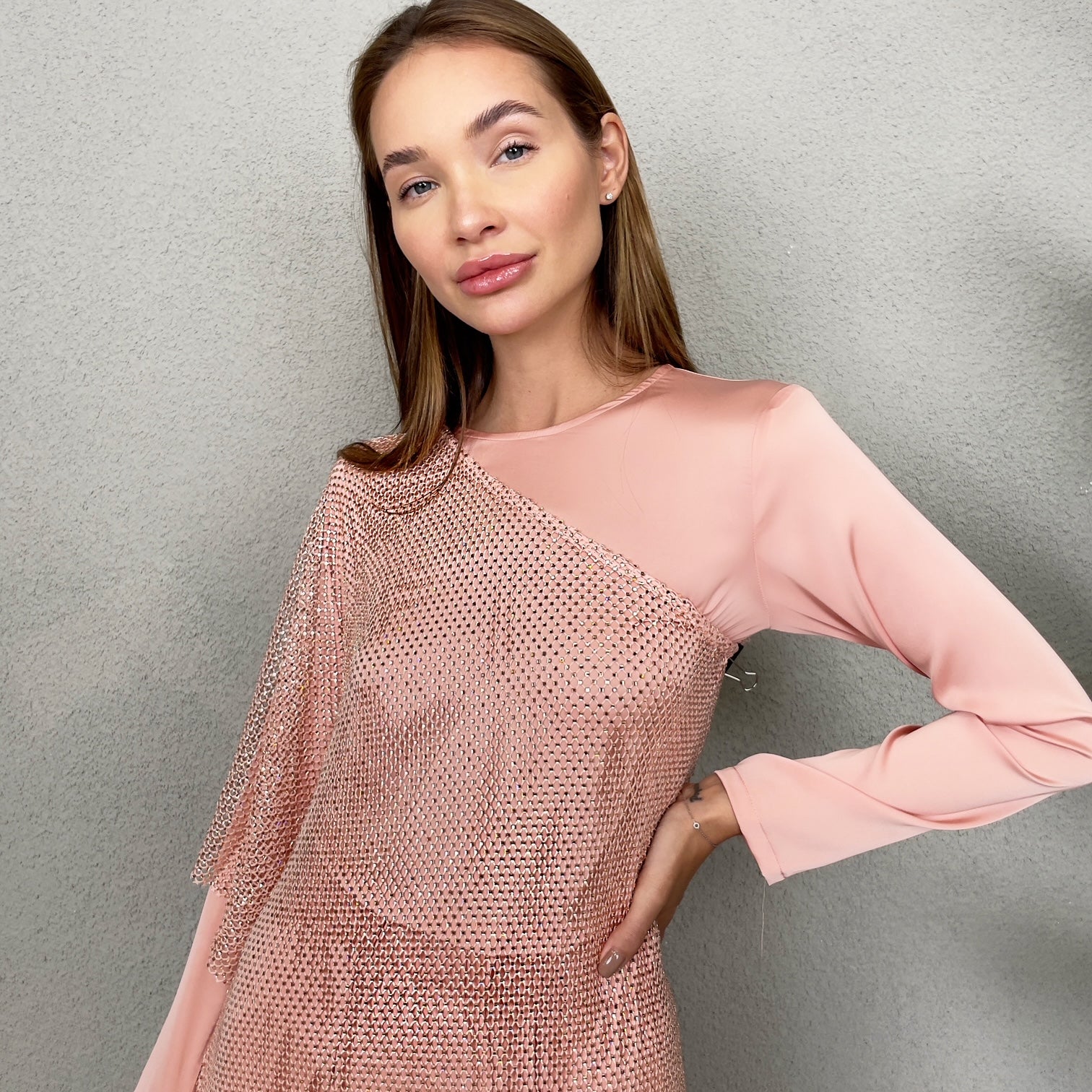 RAM23 CRYSTAL MESH TUNIC SALMON SET