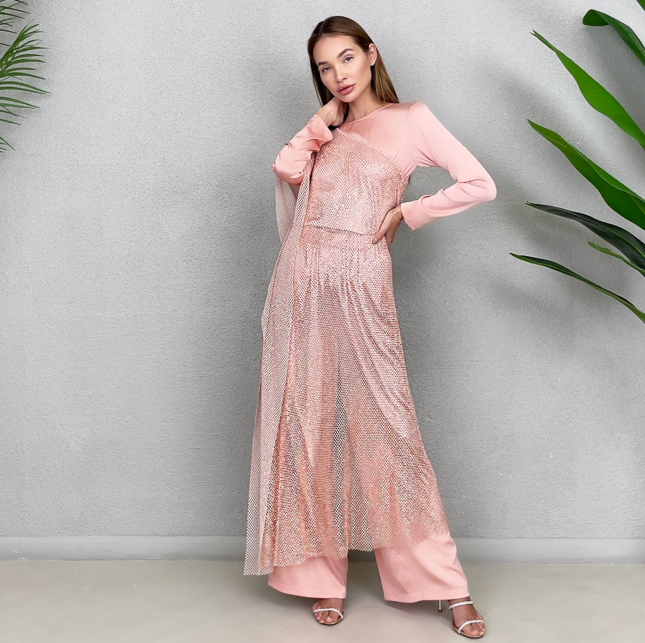 RAM23 CRYSTAL MESH TUNIC SALMON SET